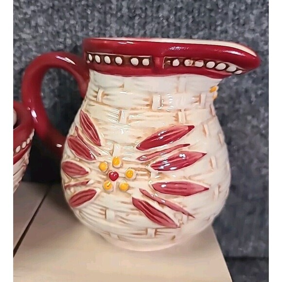 Temptations Old World Cream & Sugar Basketweave Red Pottery Country Kitchen - Picture 2 of 11